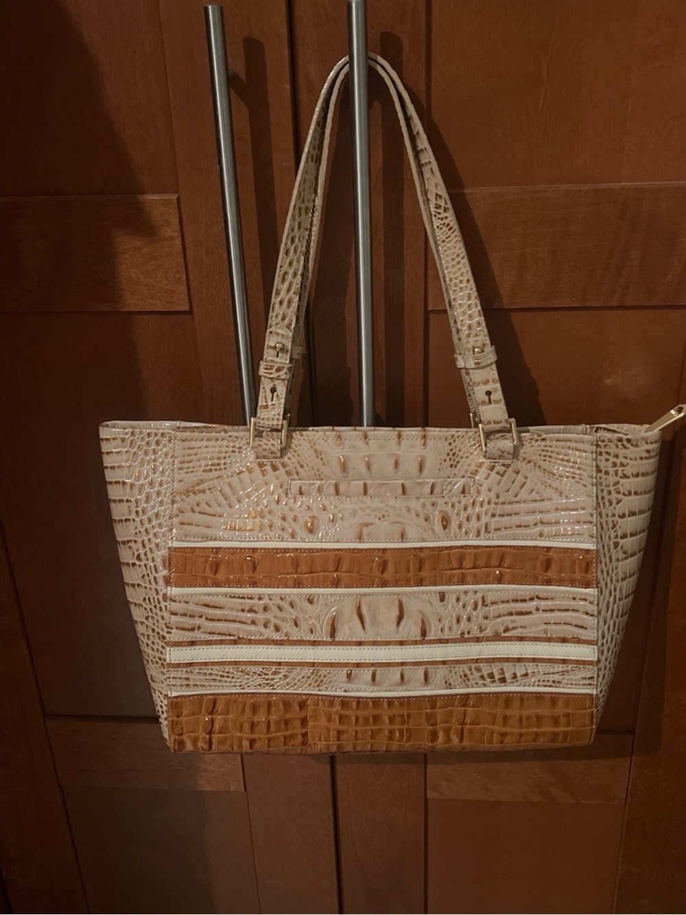 Brahmin Beige Brown Embossed Animal Print Tote Bag Zip Women 16x10